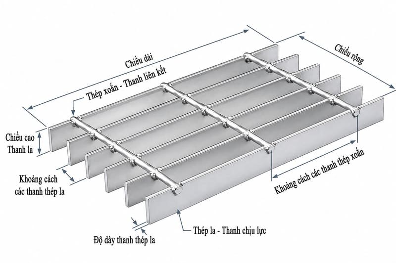 Cấu tạo sàn Grating - Sàn thao tác gồm thanh la, thanh ngang, khung viền, mối hàn, bề mặt hoàn thiện