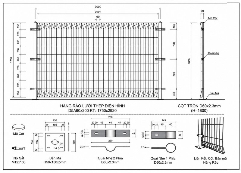 Thông số kỹ thuật hàng rào lưới thép hàn dạng 2 cột tam giác